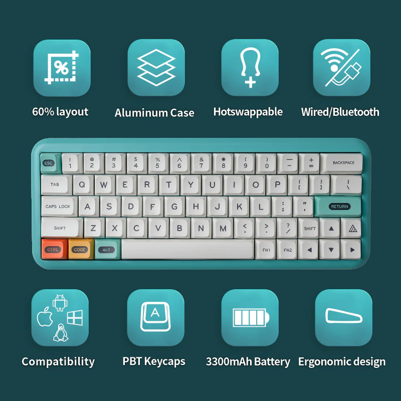 MelGeek Mojo Aluminum 60% Hotswapple RGB 5.2 Bluetooth Wireless &Wired Mechanical Keyboard - Image 3